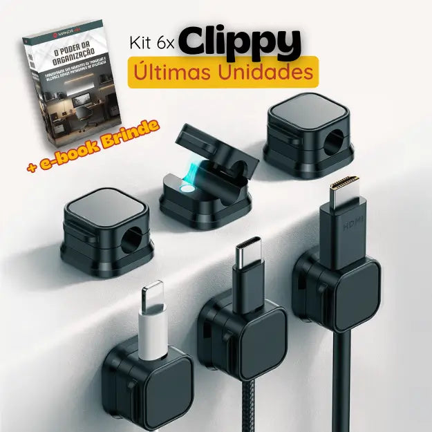 Kit 6 x Organizador de Cabos Clippy + Brinde E-Book "O Poder da Organização"